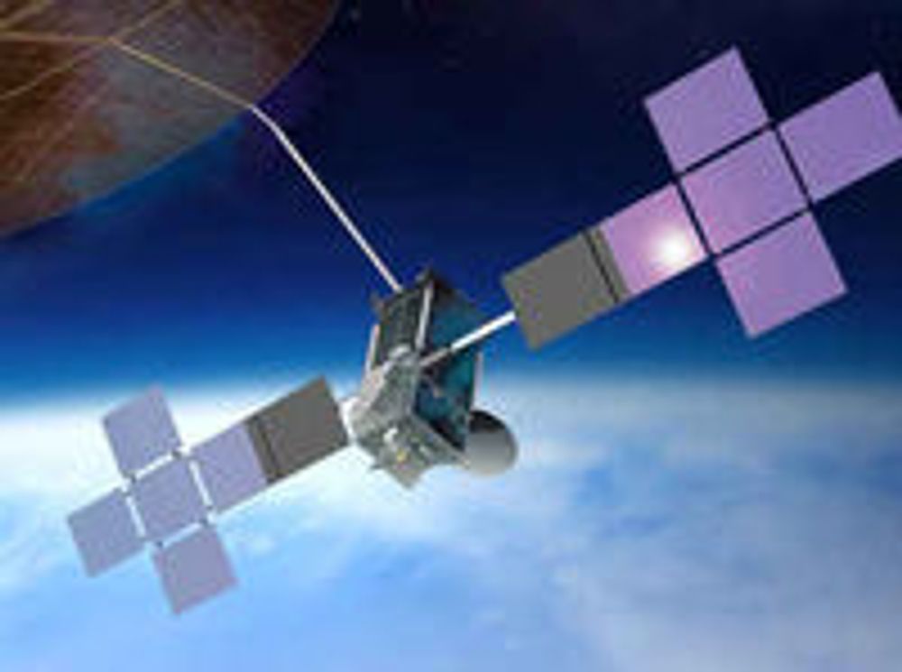TerreStar-1 er verdens største sivile telekom-satellitt. Øverst til venstre skimtes den utfoldede antenne med en diameter på 18 meter.