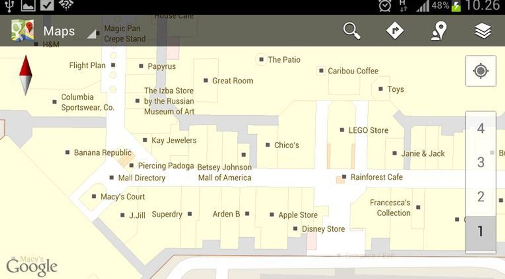 Google Maps tilbyr kart over blant annet flere store kjøpesentre, men ikke ned på hyllenivå. Google er heller ikke medlem av den nye alliansen. I illustrasjonen vises en oversikt over Mall of America i Minneapolis.
