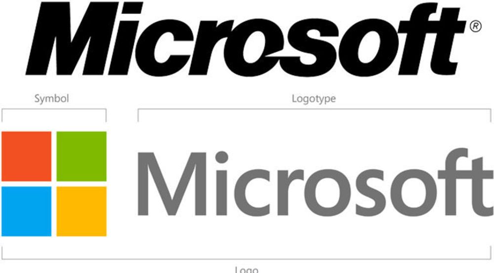 Gammel logo (øverst) og ny. I den nye skriften (fonten heter Segoe) er kilen i den første o-en borte, mens ligaturen mellom f-en og t-en er bevart. Det er første gang Microsoft legger et symbol i sin logo.