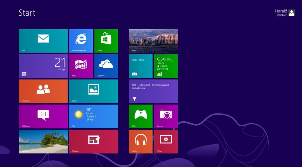 Den noe omstridte startskjermen i Windows 8, også kjent som Metro-grensesnittet.