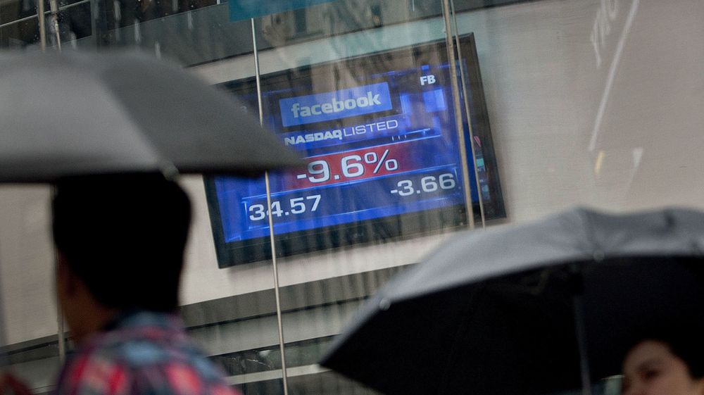 Det regnet på Wall Street i går, og med regnet falt også Facebook-aksjen, til godt under IPO-kursen på 38 dollar.