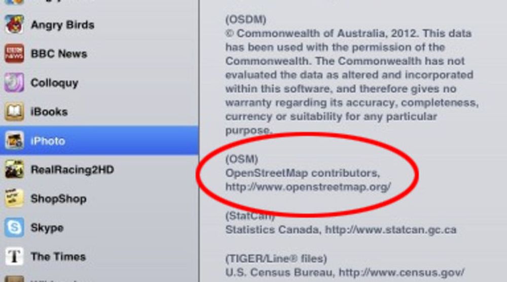 Apple krediterer nå OpenStreetMap for kartene i iPhoto-applikasjonen.