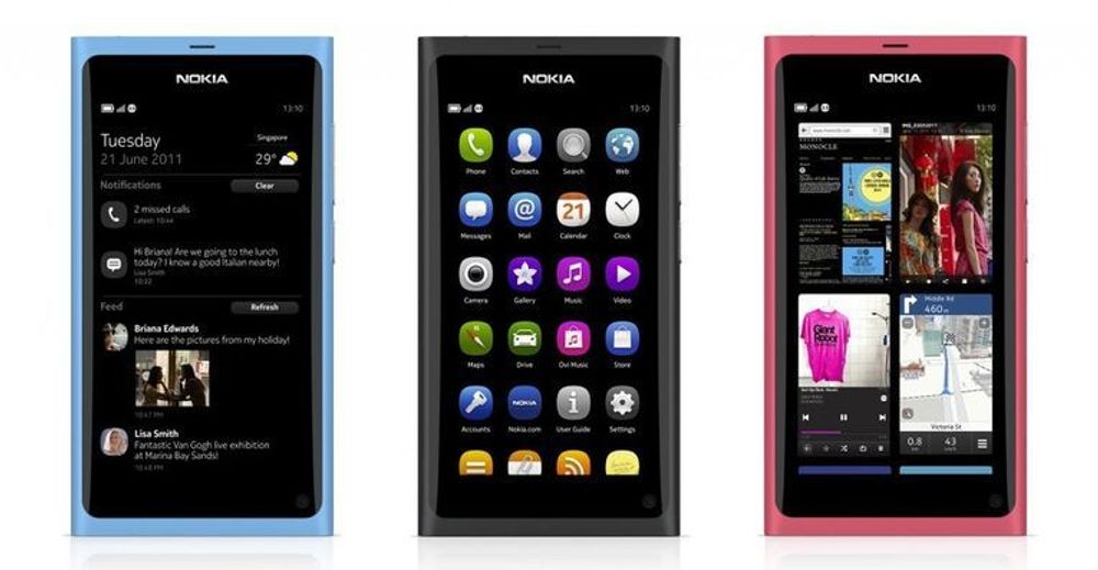Brukergrensesnittet i Nokia N9 er orientert rundt tre ulike hjemmeskjermer.