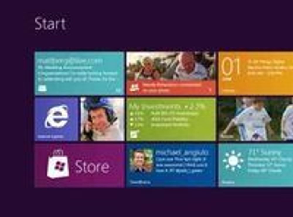Startmenyen i "Windows 8" med de nevnte flisene, som også kjennetegner Windows Phone 7.