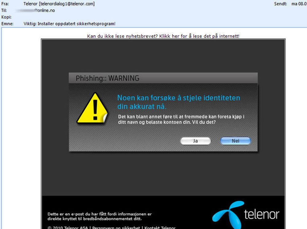 Denne e-postmeldingen gikk ut til 125.000 Telenor-kunder mandag denne uken.