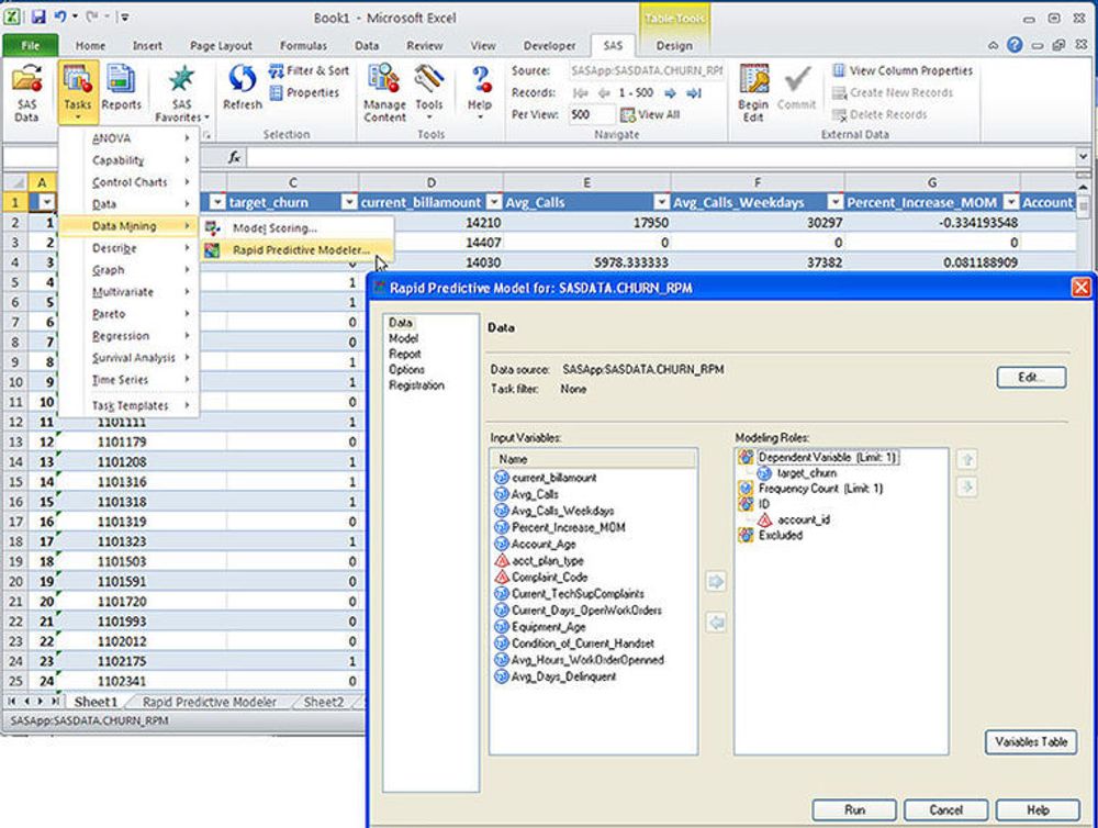 Rapid Predictive Modeler kan utløses fra Excel. Her brukes den til å spå plukke ut hvilke kunder man ligger an til å miste (churn). Modeller kan bearbeides videre i andre SAS-verktøy.
