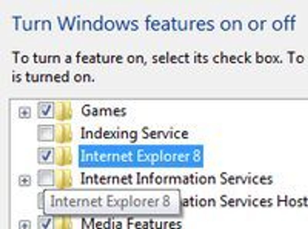 Her kan Internet Explorer skrus av i en uferdig utgave av Windows 7.
