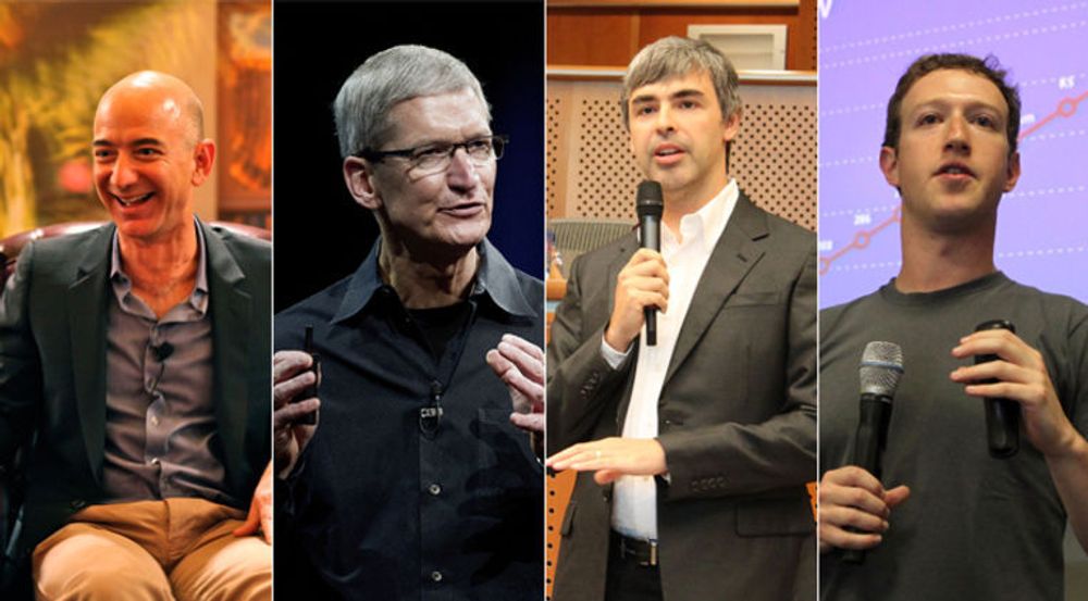 Disse har ytt hvert sitt bidrag til det strategiske paradigmeskiftet innen IT (fra venstre): Jeff Bezos i Amazon, Tim Cook i Apple, Larry Page i Google, Mark Zuckerberg i Facebook.