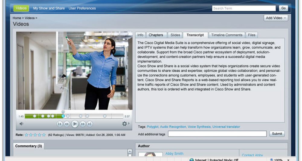 Cisco «Show and Share» lar bedrifter og partnere dele høyoppløselige videoer gjennom et web-basert grensesnitt. Tekst i videoen transkriberes automatisk og vises her i vinduet til høyre for selve videoen. Tjenesten sørger for at den transkriberte teksten indekseres og gjøres søkbar. Under skimtes typiske felt for sosiale tjenester, som kommentar og opplysninger om forfatteren.