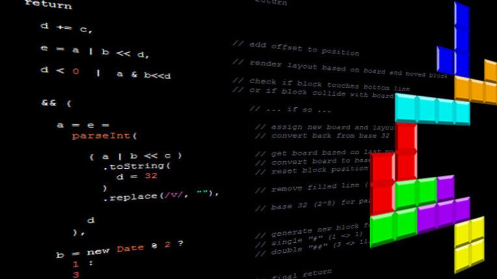Tetris på 140 tegn: Du får ikke farger eller originalens 7 ulike brikker, men så er heller ikke kildekoden særlig stor.