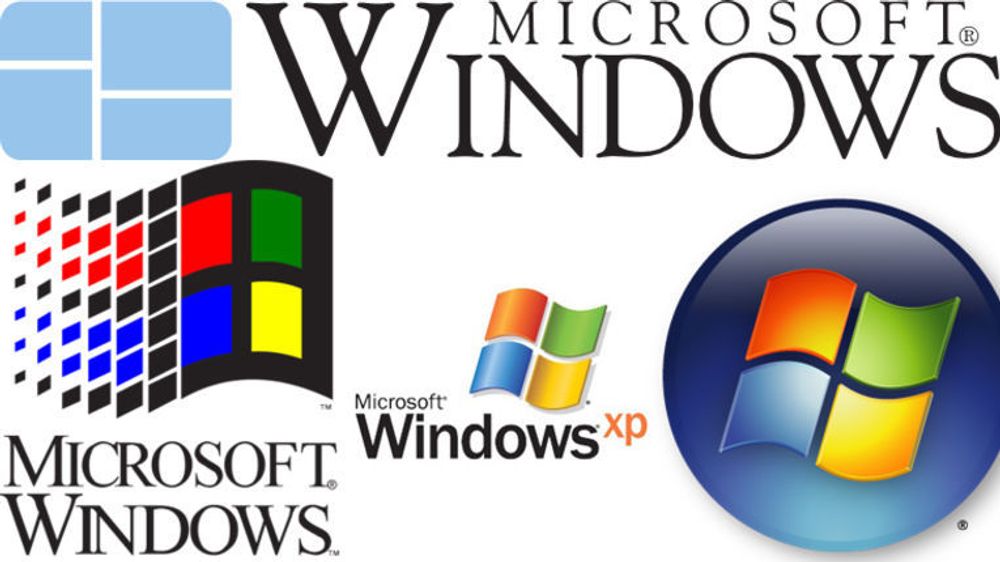 Historiske Windows-logoer. Øverst vises logoen til Windows 1.0. Nederst, fra venstre vises logoene til henholdsvis Windows 3.1, Windows XP og Windows Vista.