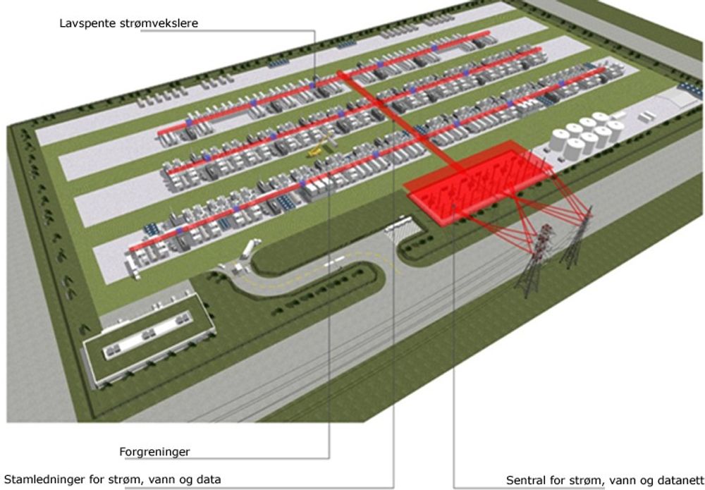 Den åpne plassen er tilrettelagt for strøm, vann og nettverk. Modulene kjøres inn på store lastebiler, rygges på plass og koples til.