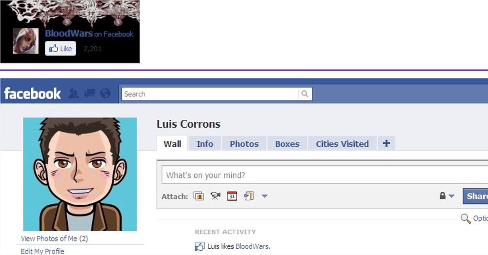 Disse skjermdumpene viser hvordan «Like»-knappen på Facebook er ment å fungere. Øverst: Knappen slik den vises på nettsiden til spillet BloodWars. Nederst: Oppdateringen av Facebook-siden til Luis Corrons utløst av klikket på Like-knappen: På «Wall», under «Recent Activity», opplyses det at «Luis likes BloodWars».