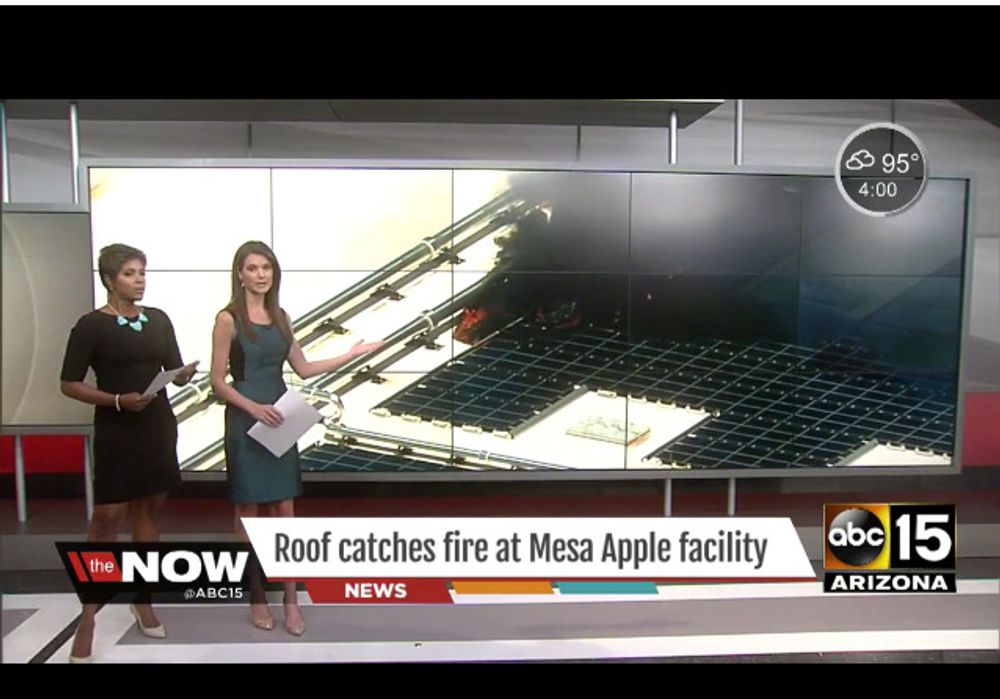 Det brant på taket av Apples kjempeanlegg i den amerikanske delstaten Arizona. Brannvesenet skal ha fått kontroll med flammene etter en drøy halvtime.