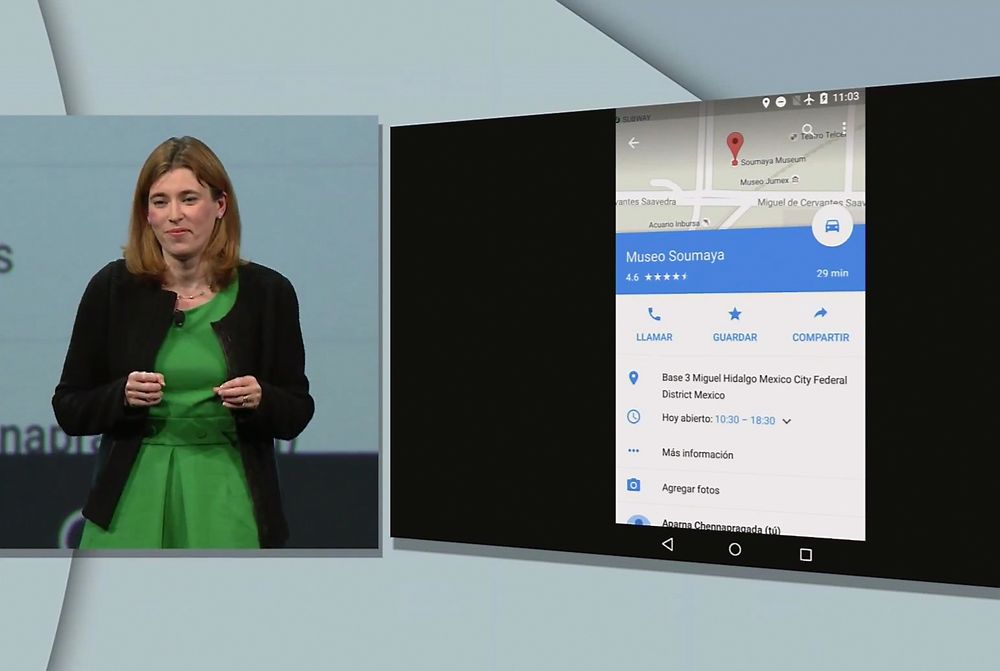 Teknologidirektør Jen Fitzpatrick fortalte under Google I/O 2015 at Google Maps-apper snart skal fungere bedre uten nettilgang. På bildet ser man at flymodus er aktivert på enheten som demonstreres.