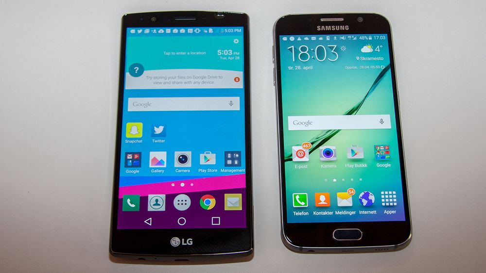 G4 ved siden av Samsung Galaxy S6. Foto: Marius Valle