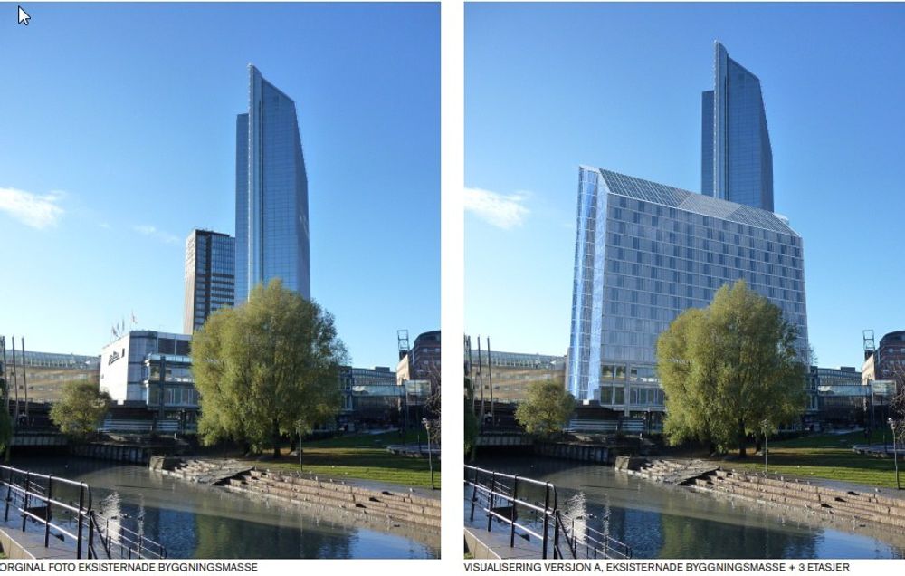Dersom planene realiseres vil Oslo Plaza bli Skandinavias største hotell målt i antall rom. Her orginalt foto av eksisterende bygg og visualisering av eiernes høyeste forslag. 