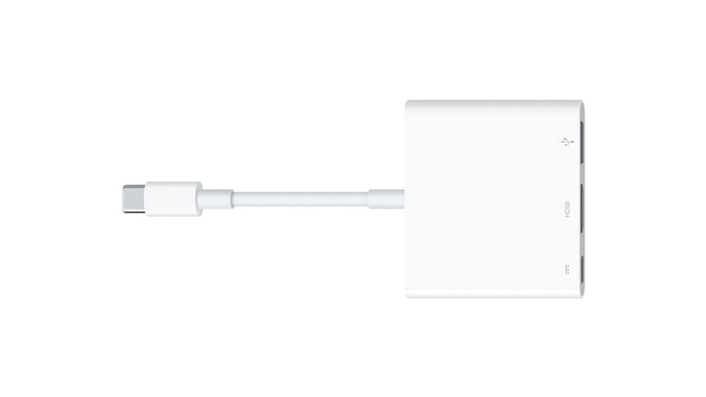 Apples USB-C Digital AV multiport adapter gjør om USB-C-inngangen i den nye Macbooken til tre separate porter. Én for USB, én for HDMI eller VGA og én for USB-C.