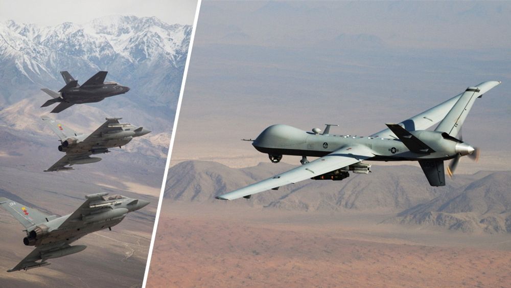 En MQ-9 Reaper med GBU-12 Paveway II-bomber og AGM-114 Hellfire-missiler over Sør-Afghanistan. 