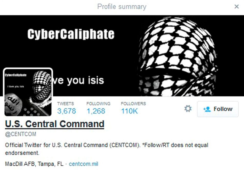 CENTCOMs Twitter-konto etter at den var blitt hacket.  