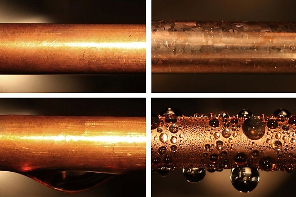 Bildet viser kobberrør eksponert for vanndamp ved 100 grader celsius. Rørene på bildet til høyre har ingen form for belegg, mens rørene til venstre har et syltynt lag med grafen. Sistnevnte har bedre varmeoverføringsevner.