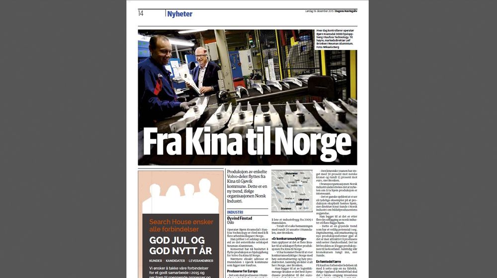 Faksimile fra Dagens Næringsliv, dagsavisen som skriver mest om automatisering, her en artikkel fra desember i fjor som omtaler at produksjon av Volvo-deler flyttes fra Kina til Norge.