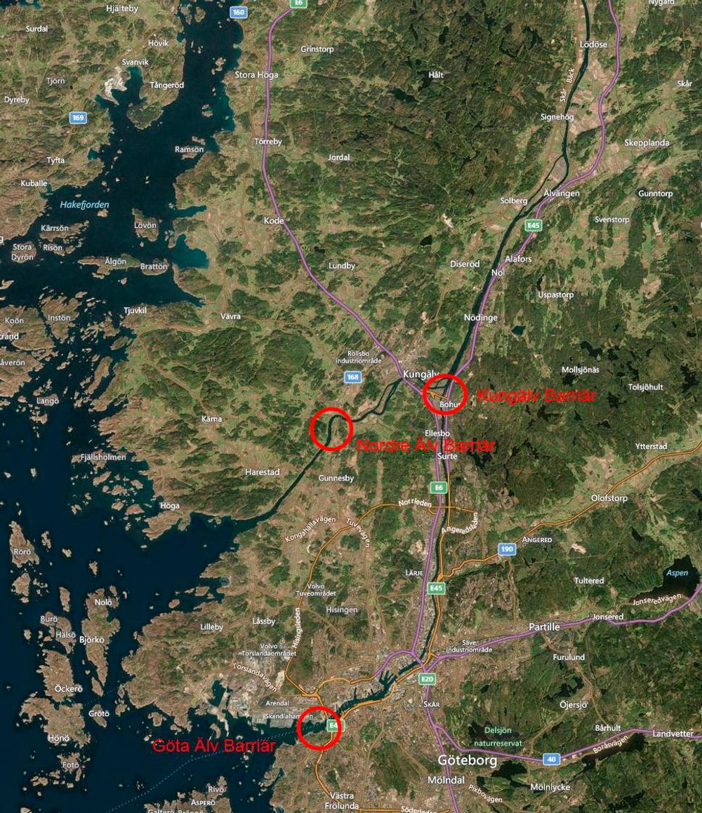 Sweco foreslår å bygge flomporter ved de røde ringene for å hindre oversvømmelser. Illustrasjon: Sweco