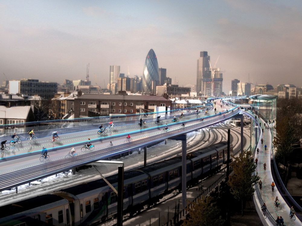 En fremtidsvisjon om opphøyde sykkelveier over Londons toglinjer vil ha en prislapp på over to millarder norske kroner. Illustrasjonen indikerer romslige flerfelts sykkelveier over toglinjene.