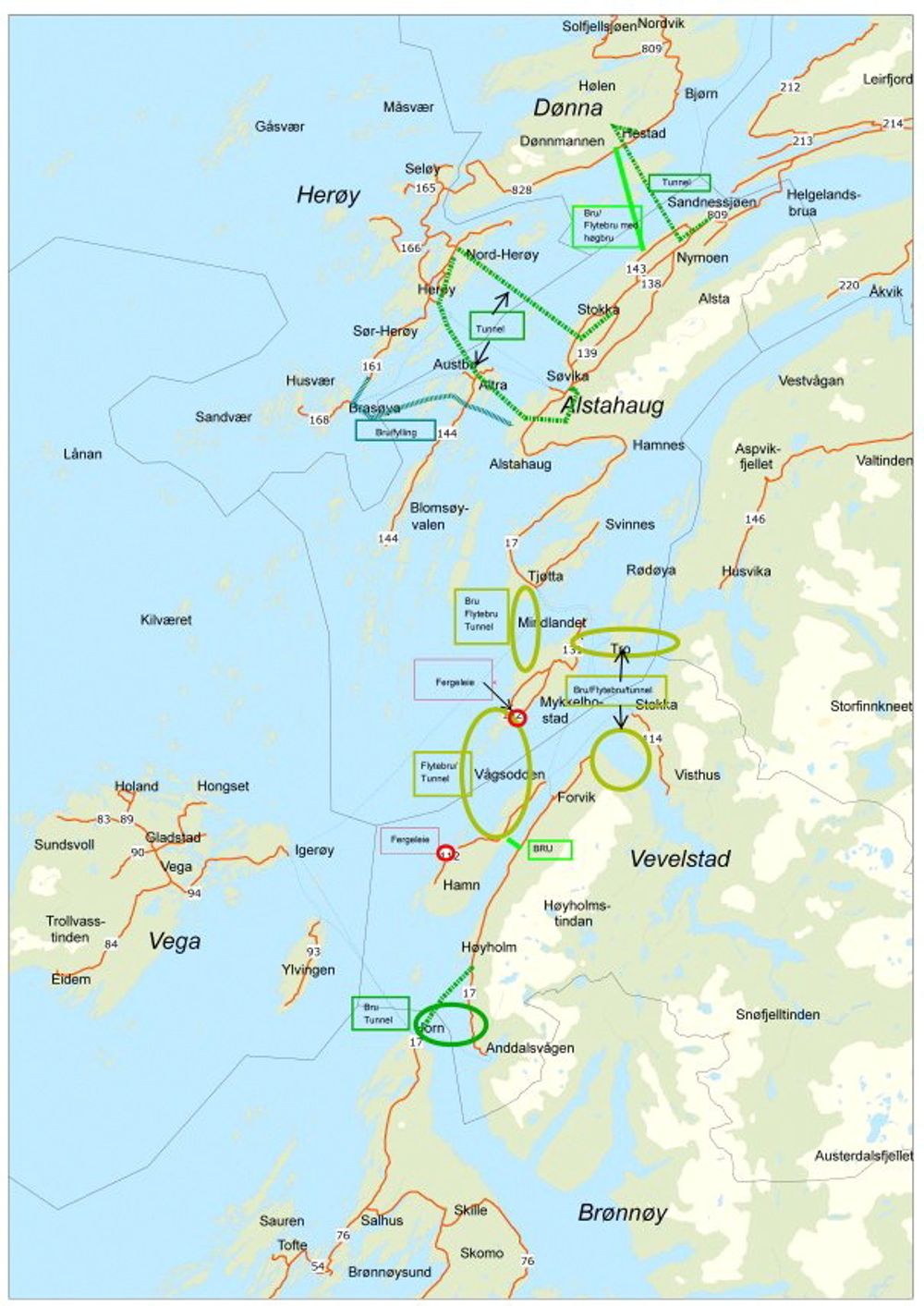 De ulike bru- og tunnelalternativene på Helgeland.