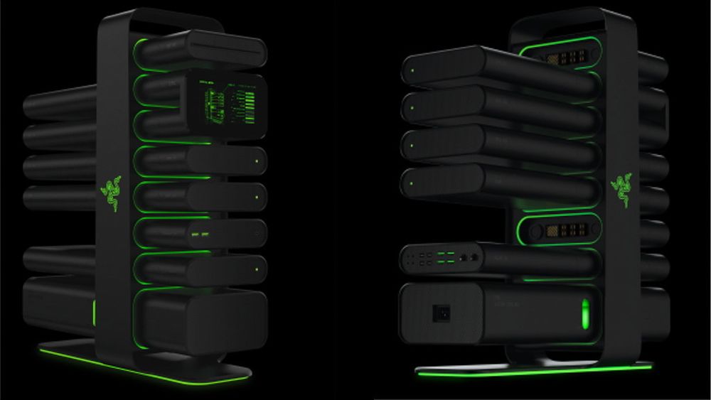 Hver del skal enkelt kunne skiftes ut i Razers Project Christine. Skjermen framme viser systeminformasjon og temperaturene i de ulike komponentene.