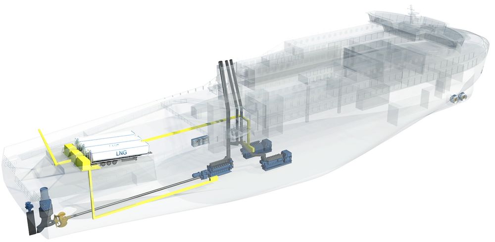 LNG: Gassmotorer med direktedrift og hybrid-oppsett for Blue Ferry Concept. 