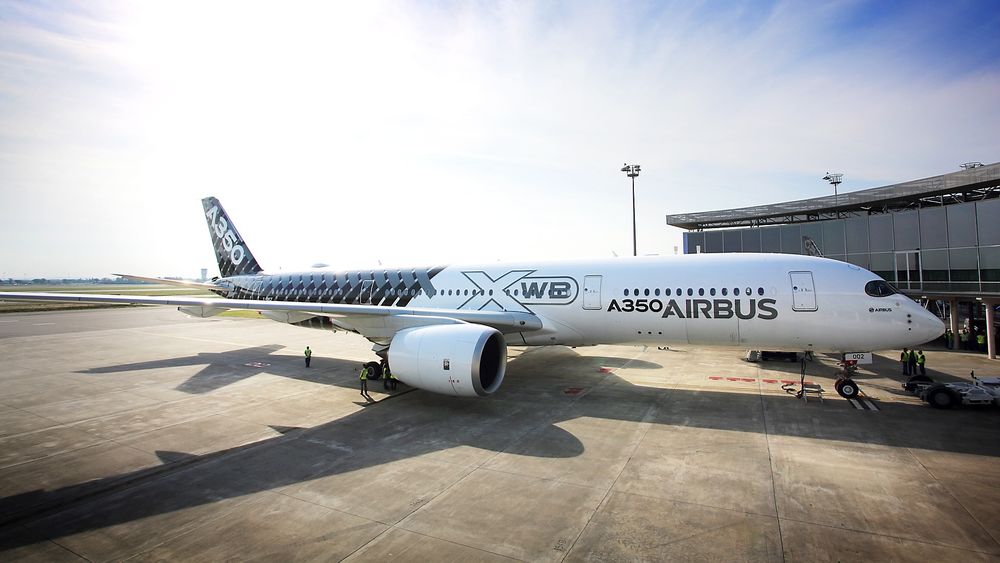 A350 XWB MSN-2 parkert ved leveringssenteret til Airbus på Toulouse-Blagnac lufthavn. 