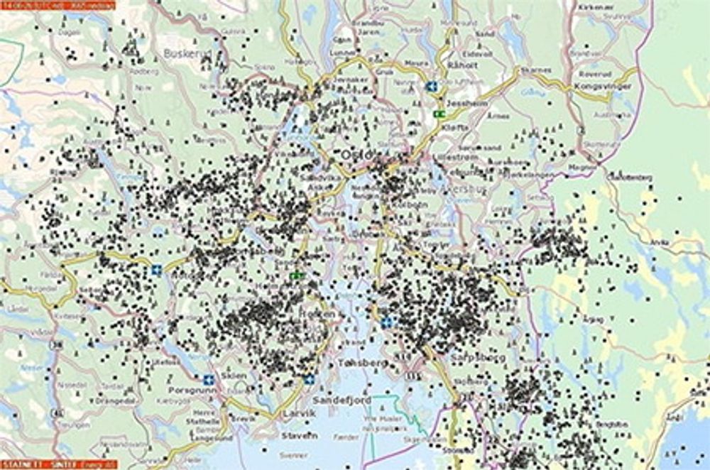  3600 NEDSLAG: Torsdag 26. juni 2014 herjet uværet over Østlandet, kartet viser alle nedslagene.