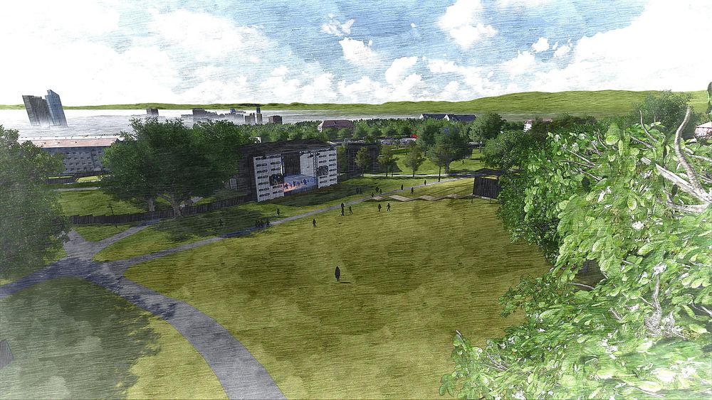 3D tegning modell av hvordan Øyafestivalen kan bli på Tøyen. Illustrasjonen er fra februar 2014, sommeren 2014 blir første gang Øyafestivalen arrangeres på Tøyen.