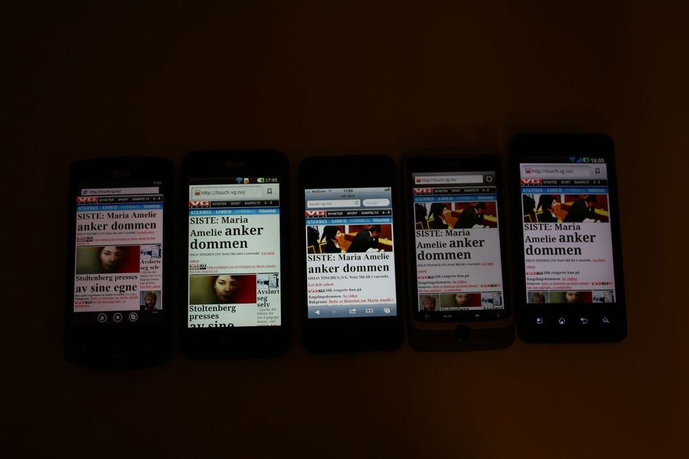 F.V.: LG Optimus 7, LG Optimus Black, Apple iPhone 4, HTC Desire Z og LG Optimus 2X.