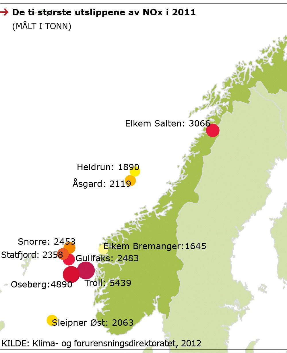 Store utslipp: Kartet viser hvor høye NOx-utslippene til Elkem Salten var før den ene ovnen ble bygget om.