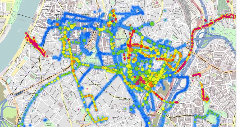 Dette kartet over Antwerpen viser registreringen av luftforurensing i byen, ved hjelp av AirProbe-systemet.