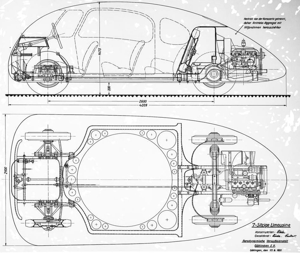 Tegning av Schlörwagen, eller "Sjuseters limousine" som AVA-ingeniørene betegnet den som. 