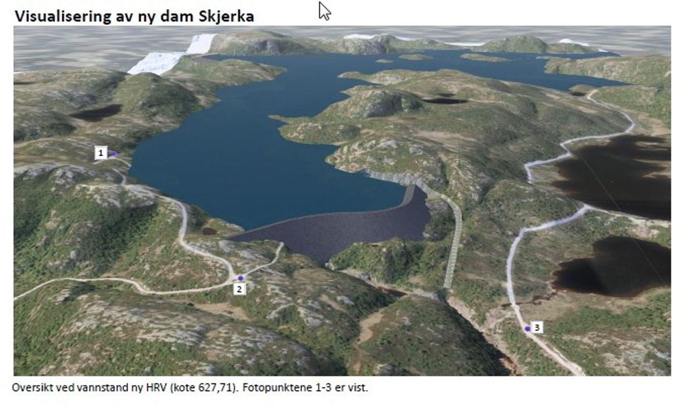 Etter: Vannstanden i Skjerkevatn vil stige med 23 meter når arbeidene er fullført. Skjerkevatn og Nåvatn vil bli til ett stort magasin. Illustrasjon: Sweco