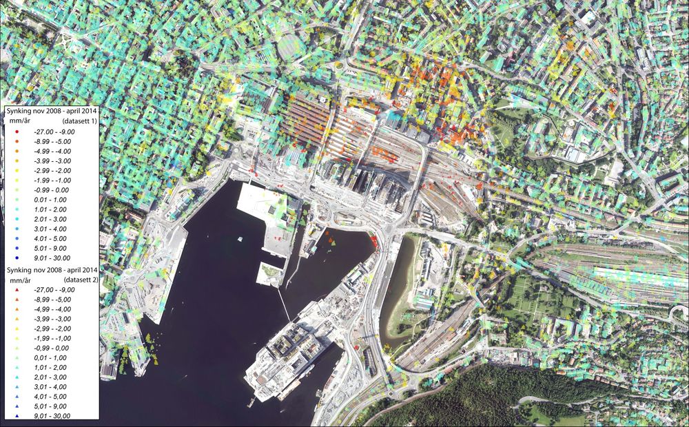 De ferskeste dataene fra radarsattelittene viser hvordan grunnen i Oslo sentrum er i bevegelse. 
