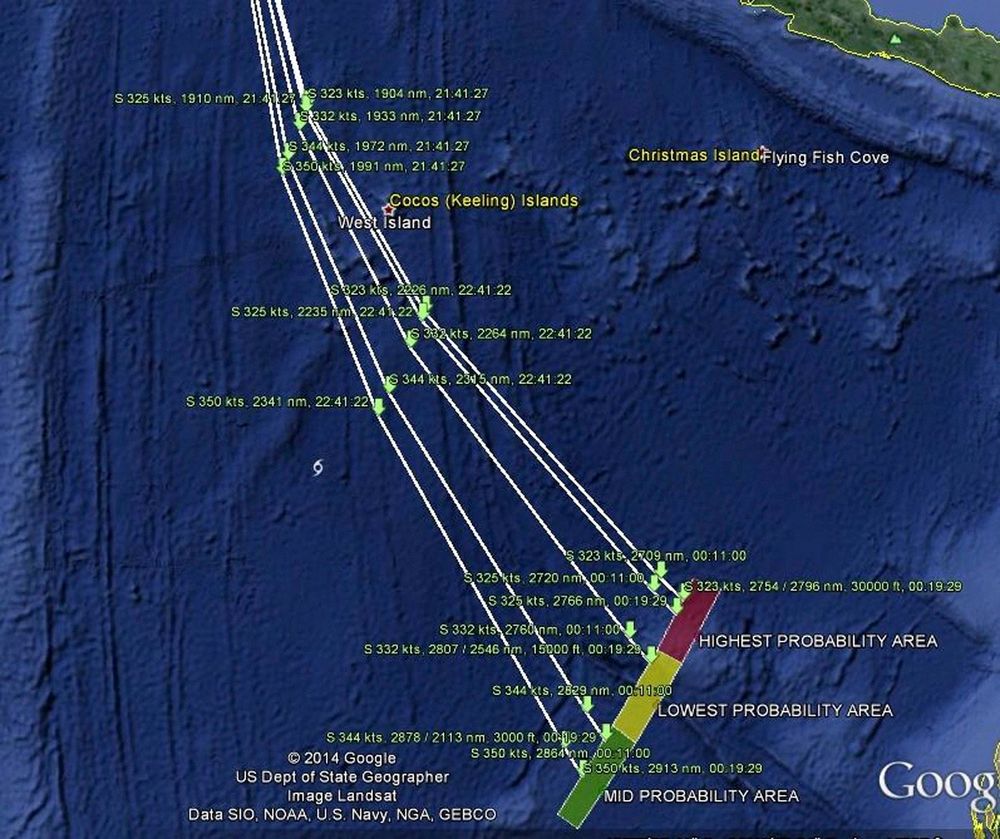 Kartet viser de mulige rutene MH370 kan ha fløyet. 