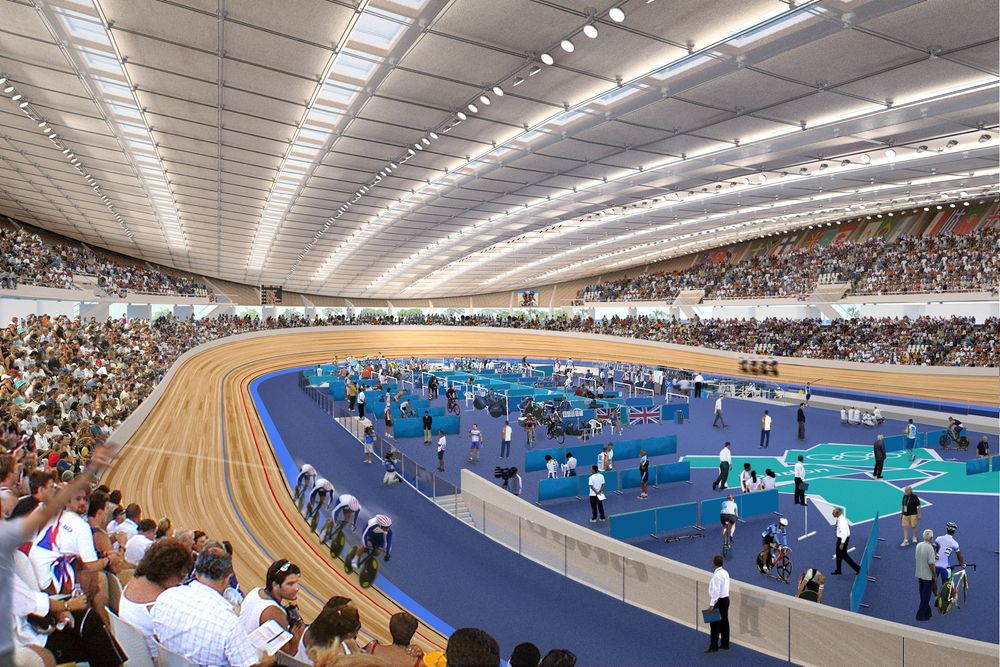 Når velodromet på Sola står ferdig vil det være det første innendørs velodromet i Norge. Sola kommunes mål er at banen kan brukes til internasjonale konkurranser, slik som OL i London i 2012, vist på bildet. 