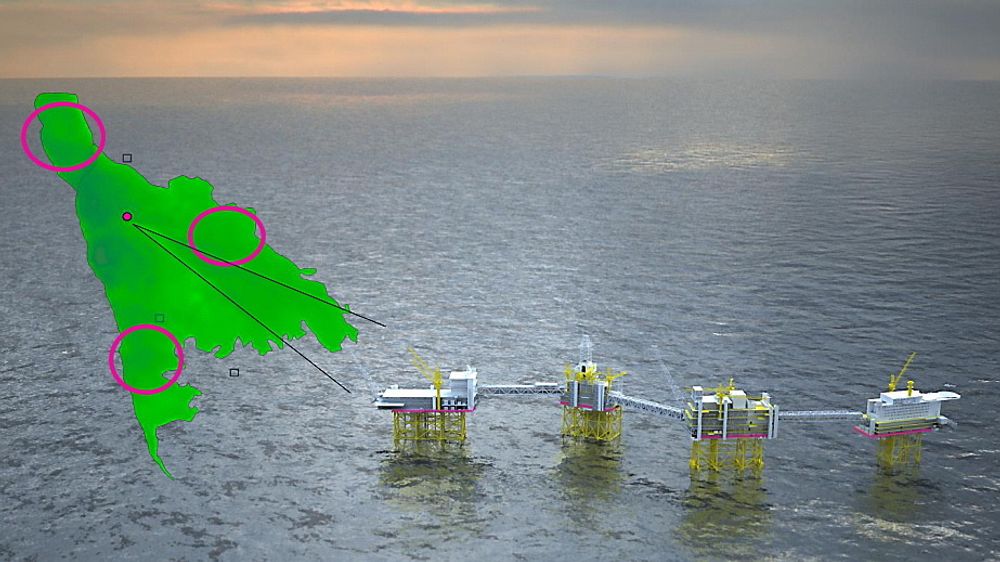 An illustration of future phases of the Johan Sverdrup field. The placement and types of installations are not final, and are illustrated with purple circles.