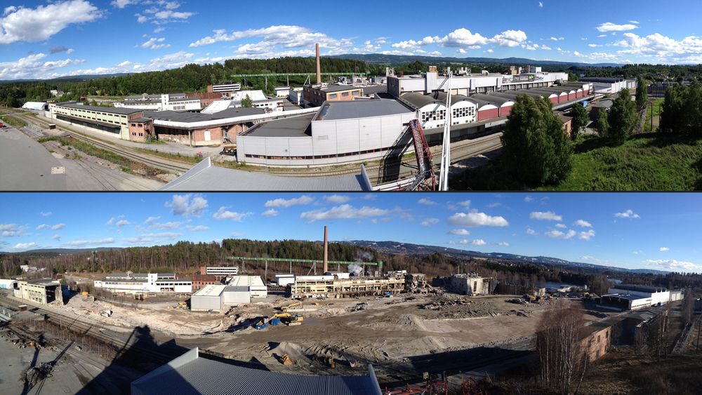 Slik så Norske Skog Follum ut før og etter rivingen. 