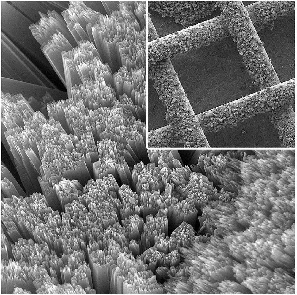Lader og utlader med lys og luft: Solcellen består av et gjennomtrengelig materiale i titandioksid som dekker overflaten til et stykke porøs titanstruktur (stort bilde). Hullene i strukturen er rundt 200 mikrometer store, slik at luft kommer inn i batteriet mens "radene" samler lys.
