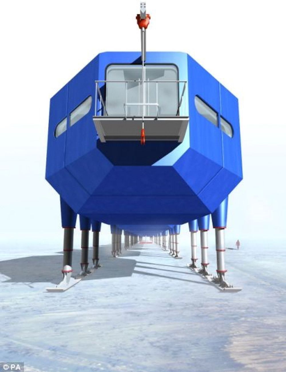 OVERGANGER: Halley VI består av sju moduler på fire hydrauliske ben. Modulene føyes sammen av påmonterte overgangsenheter i luften. Foto: British Antarctic Survey