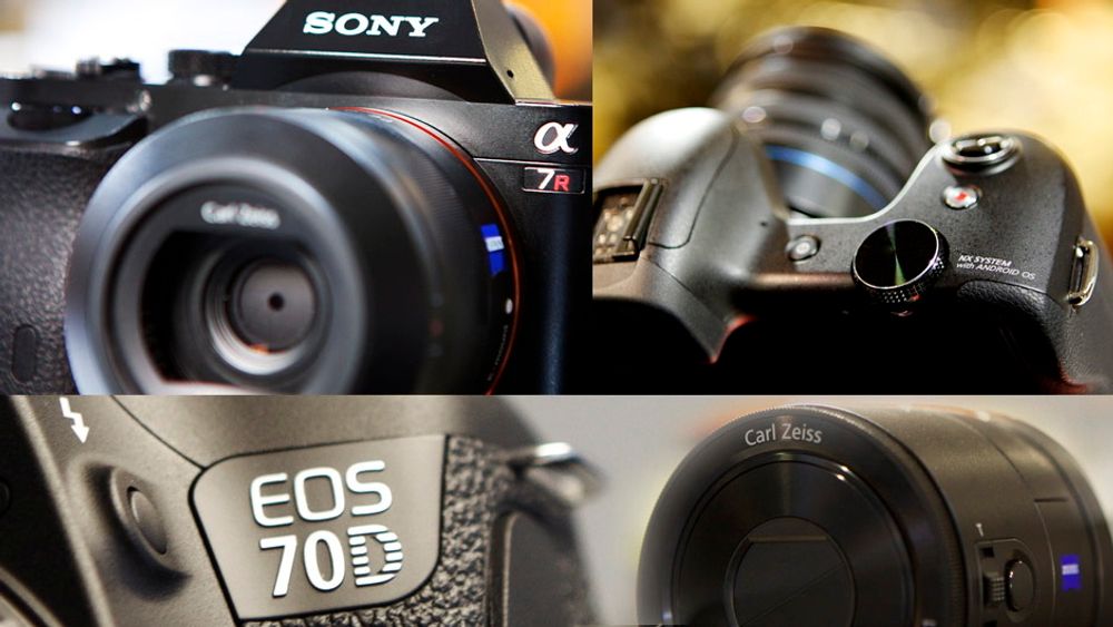 Innovasjoner: Sony A7 r, Samsung Galaxy NX, Canon EOS 70D og Sony QX-100. Foto: Eirik Helland Urke