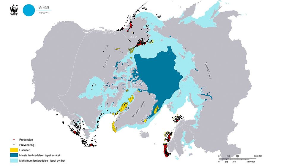 Oversikt: Miljøorganisasjonen WWF har laget dette verktøyet for å generere kart med oversikt over eksisterende olje- og gassaktiviteter i Arktis. Russland er ikke dekket, og heller ikke planlagte lisensområder. Utover dette er det viktig å merke seg at prøveboringer også omfatter brønner som ikke er aktuelle for produksjon. (Klikk på kartet for større utgave)