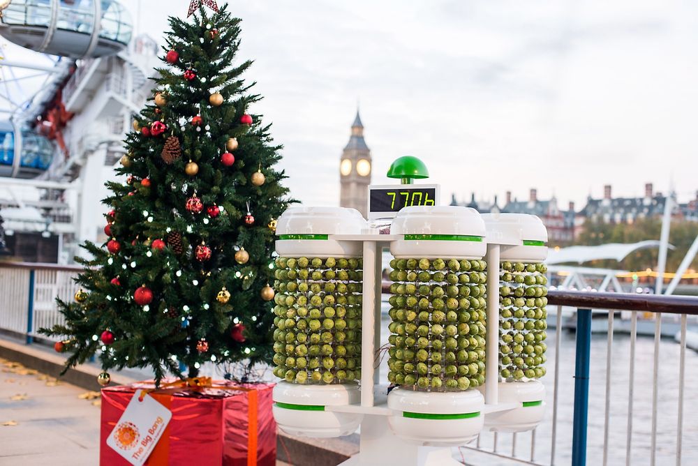 Et juletre med lys drevet av rosenkål-batteriet ble avduket ved Themsens bredde i Londons South Bank-område i går.