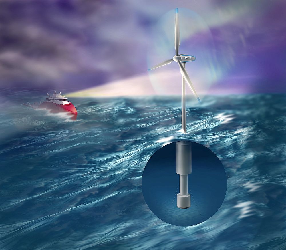 Vindkraft: På en 30 meter dyp flyter kommer en 30 meter høy mast, og vindturbinen. Flere norske universiteter og forskningsinstitutter samarbeider. Også internasjonale miljøer viser interesse. ILLUSTRASJON: Sintef/Bjarne Stenberg   